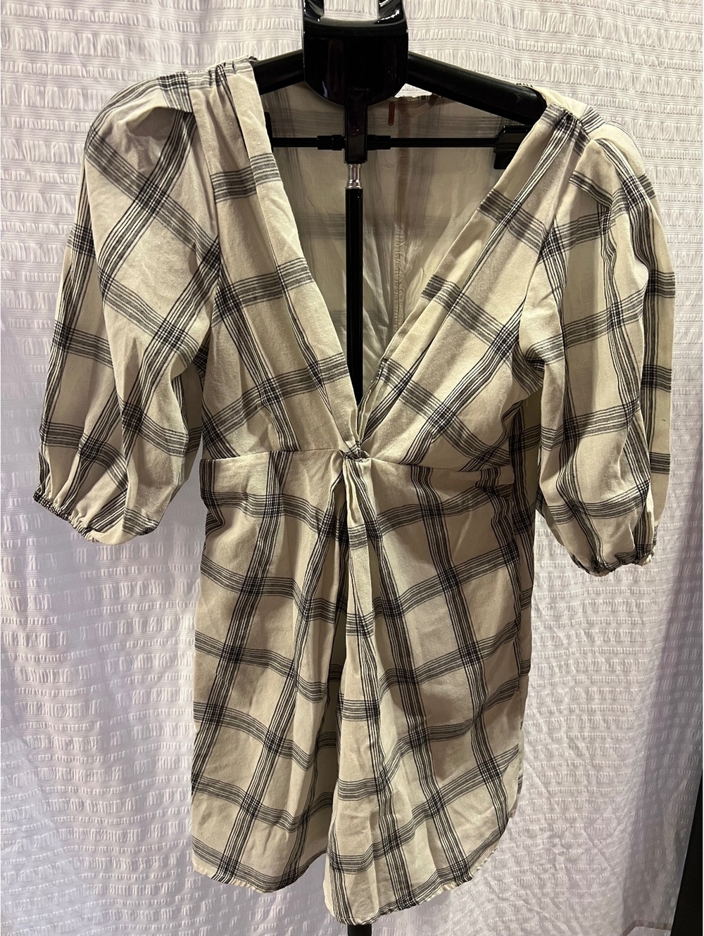 Free People Miss Molly Plaid Mini Dress Size 6 Black Cream Puff Sleeve Twist